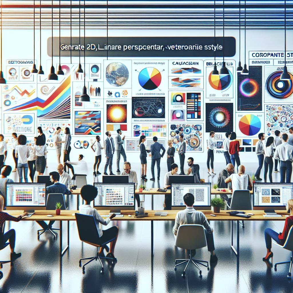 Generate a 2D, linear perspective, vectorial, flat and corporate style image on a white, textureless background. The scene depicts a creative and modern workplace setting where a diverse group of people of varying descents like Caucasian, Hispanic, Black and Middle-Eastern, are interacting with computers or screens. These screens display the real-time process of generating various kinds of images from text prompts. In the background, include visual representations illustrating the different style possibilities offered by Flux LoRAs technology. Finally, utilize a vibrant color palette to attract attention and reflect the atmosphere of creativity.