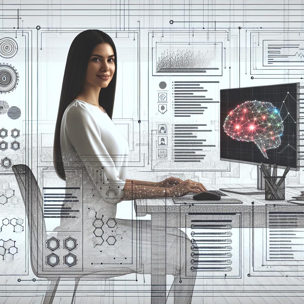 Depict a Hispanic female software developer in a modern workspace, under a 2D, linear perspective, using a software interface that integrates Artificial Intelligence features. Show the workspace as bright and filled with elements of coding. The main focus should be on the developer and a screen showcasing data visualizations, symbolizing the predictive analysis performed by the AI. Keep the style vectorial, flat and corporate, with a white and textureless background. Highlight the contemporary and technological advancement through the use of modern elements in the background.
