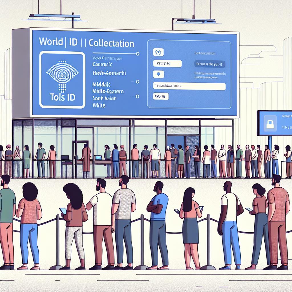 Create a vector-style, flat, corporate themed image, featuring a modern environment in Sao Paulo, Brazil. Display a line of diverse people with an even distribution of Caucasian, Hispanic, Black, Middle-Eastern, South Asian, and White descents. They are waiting in front of an iris collection site run by a company called Tools for Humanity. Add an informative screen showing details about the World ID project, epitomizing the transparency of the operation. Set this scene on a plain, white, and textureless background. Illustrate everything from a 2D, linear perspective, symbolizing the technological innovation that the project represents.