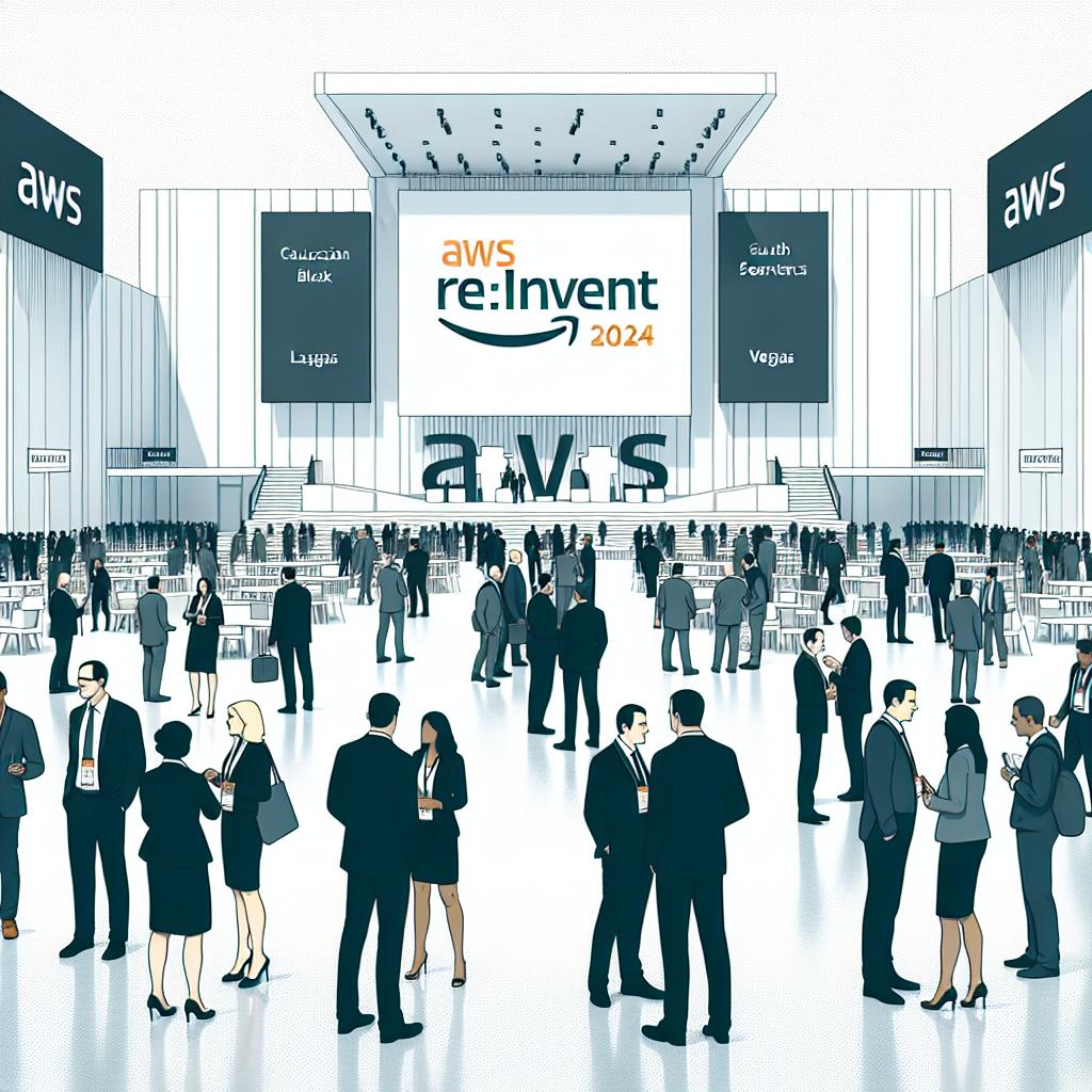 Envision a 2D, Linear perspective image in a Flat, Corporate vector style. The setting is the AWS re:Invent 2024 conference in Las Vegas. A white, texture-free background hosts the scene, filled with conference attendees who are engaged in conversation. Several individuals of varying descents including Caucasian, Hispanic, Black, Middle-Eastern, and South Asian are present. The gender balance amongst attendees is equal, representing a diverse cross-section of the business world. Prominent promotional banners with the AWS logo highlight new products and services. A distinct stage set for presentations symbolizes key speeches and launches. The ambiance of the conference underscores the thriving technology sector.