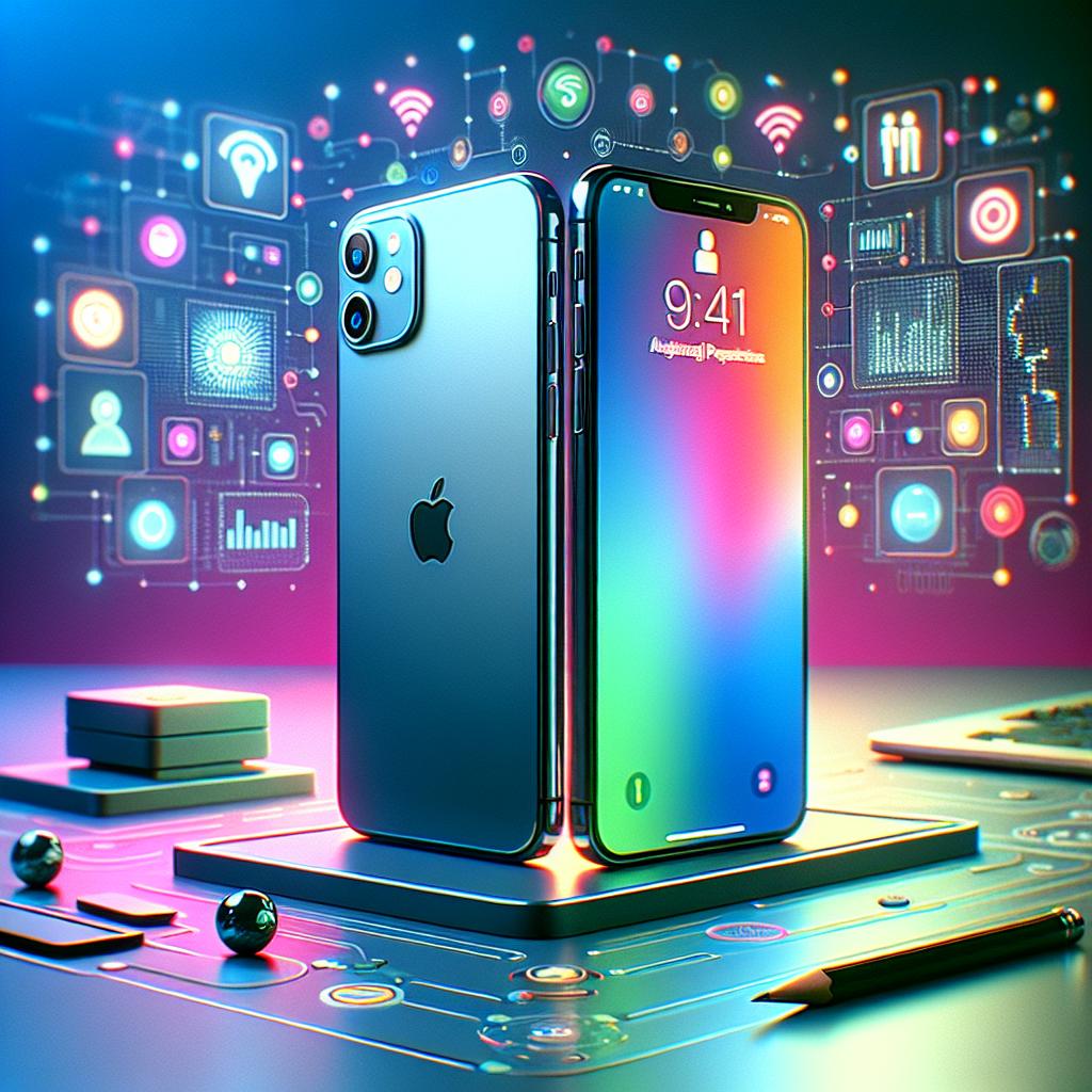 Create a 2D, linear perspective image with a corporate, flat design style, utilizing vibrant colors and lacking textures. In the center of the image, an iPhone 16 depiction sits neatly on a modern desk. The phone is emphasized, showcasing its new artificial intelligence features. Surrounding the phone, place sleek, abstract icons depicting artificial intelligence applications. The backdrop should encapsulate the spirit of technological innovation, populated with subtle yet meaningful technological symbols. A soft light illuminating the scene, highlighting the iPhone and its surroundings, giving off an appealing and modern vibe. The overall scene would suggest a bright future for this technology and the product.
