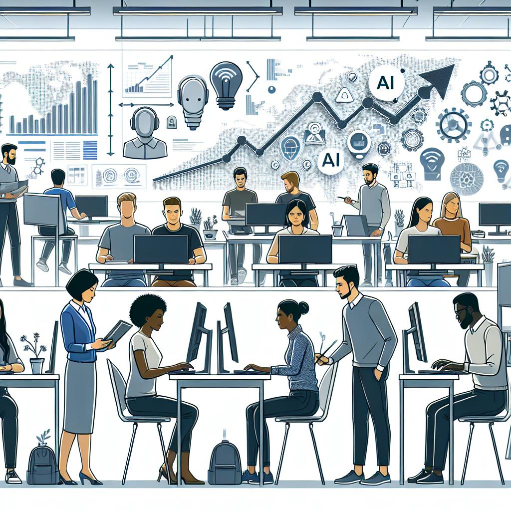 Create a flat, corporate-styled vector image set in a 2D linear perspective. The scene takes place in a modern classroom complete with an array of advanced technology, symbolizing the future of AI education. A diverse group of students interact with screens and AI tools immersed in a digital learning environment. These students depict an assortment; a black woman, a Hispanic man, a Middle-Eastern woman, and a Caucasian man, all engaging in AI studies. In the background, rising graphs are visible, representative of the increasing enrollments in AI courses which emphasize the growing demand in emerging markets. The image is set against a white, untextured background.