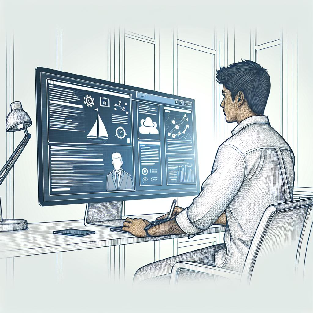 Create a 2D, linear, vector-style image set in a modern and contemporary office environment. In the foreground, portray an South Asian male developer working on a computer, the screen of which displays the interface of the upcoming software, Windsurf Next. Make sure the developer represents the type of user who can benefit from the software. Keep the background white and without texture to maintain a corporate feel. This image suggests innovation and technology.