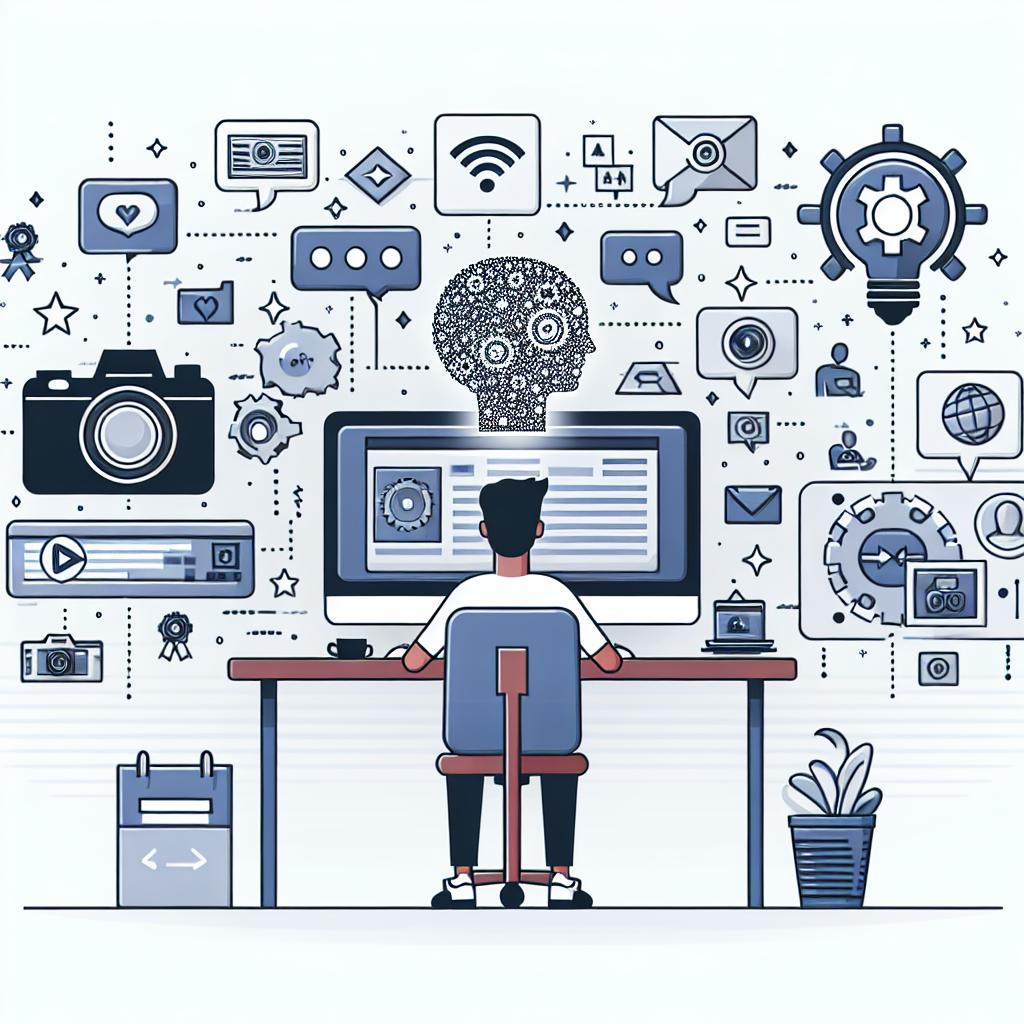 Create an image displaying a scenario in a 2D, linear perspective with a flat, corporate vector style on a white, textureless background. The scene shows a content creator, of any descent and gender, using an Artificial Intelligence interface on a computer to generate a video script. In the background, incorporate elements symbolizing the video production and technology, such as a camera, tech icons, and a chat interface symbolizing interaction with AI. Also include a whiteboard representing brainstorming of ideas and stars symbolizing innovation and creativity.
