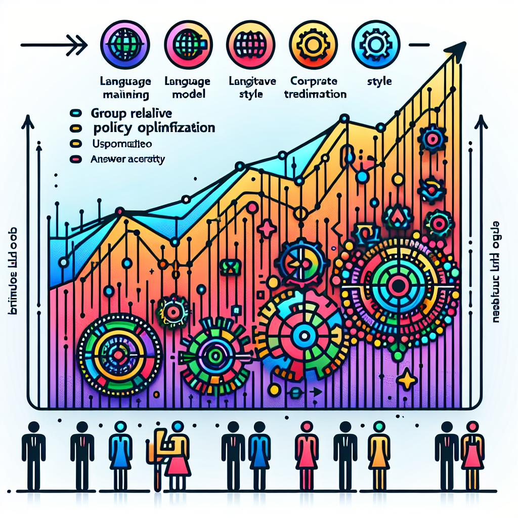 Create a 2D, linear vector and corporate style image on a white, textureless background. The image should be an illustrative graph showing the evolution of language model training using the Group Relative Policy Optimization (GRPO) technique compared to traditional methods. This graph should represent an improvement in answer accuracy. Additional elements should include vibrant colors to attract the reader's attention and machine learning icons to represent technology.