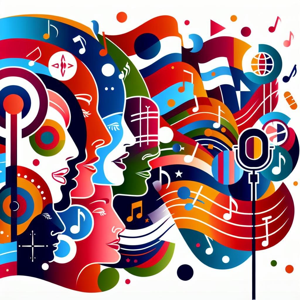 A vibrant, flat, 2D, vector corporative-style illustration symbolizing diverse voices and cultures as part of a voice data collection initiative by volunteers. The color palette reflects the spirit of inclusion and diversity. The white background features layered elements including different human faces of varying descents and genders to symbolize global inclusivity, musical notes suggesting the melody of voices, flapping flags from around the world highlighting linguistic diversity, microphones indicating voice collection, and interconnected circles signifying unity for a common cause.