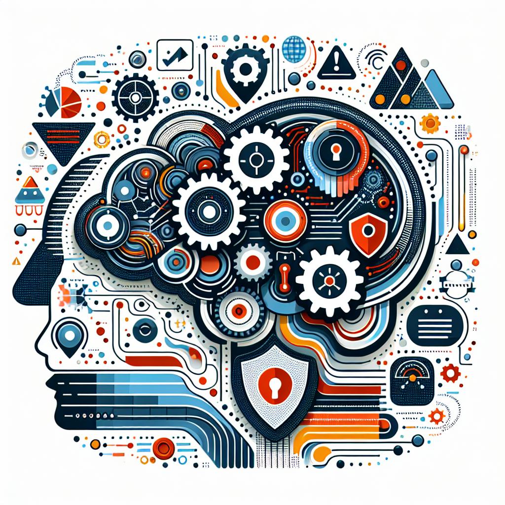 A 2D vector-style, flat, corporate illustration on a white, textureless background. The main subject is a complex AI system, emphasized by its thinking structure and its defense against cyber attacks, capturing the essence of OpenAI's research. Visual elements include data waves, represented as flow of information within the system. Digital shields symbolize defense against cyber-attacks. Gears highlight the complexity and mechanics of its inference timing. Finally, the palette uses alert colors, specifically red and orange, to stress the AI’s security needs.