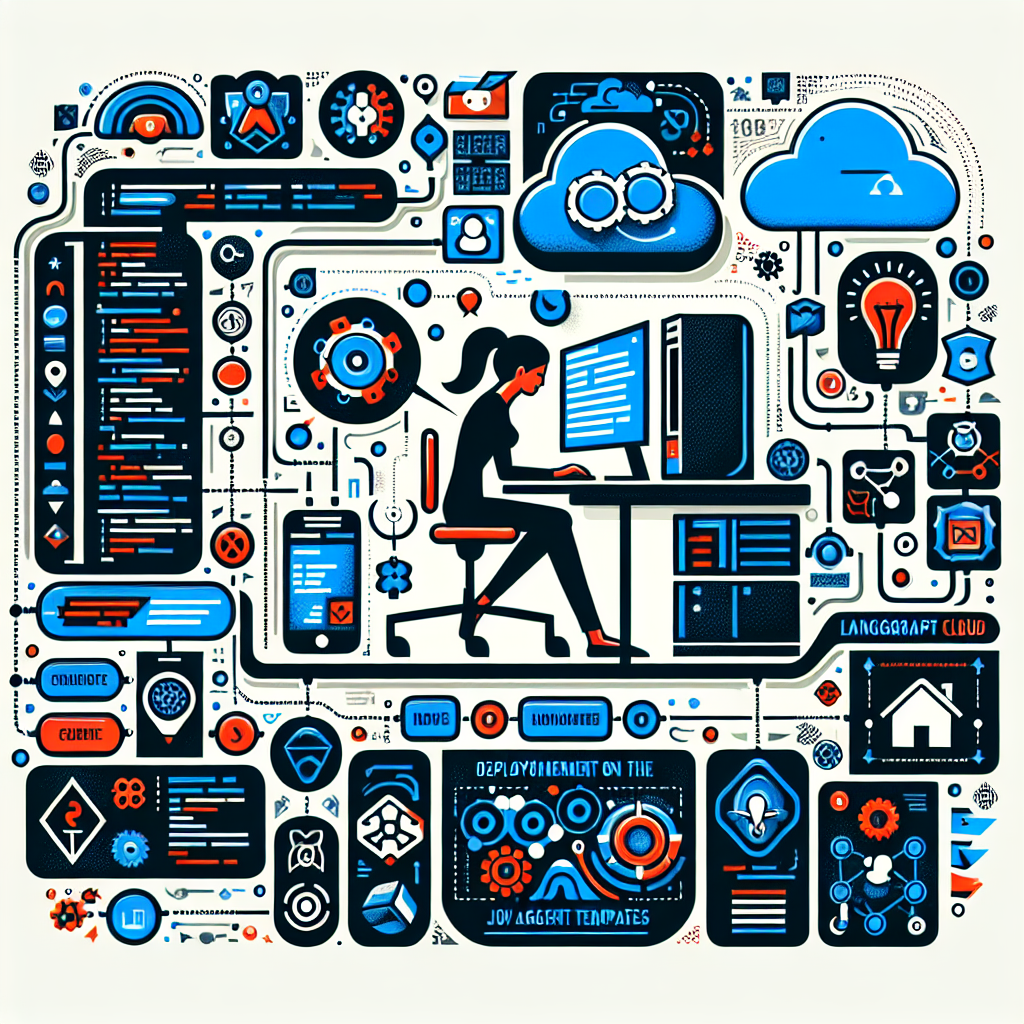 Create a 2D, flat-style, corporate vector illustration set against a white, untextured background. The primary focus of the image is a developer (gender unspecified, of Middle-Eastern descent) actively working on a computer. Surrounding the developer are various icons symbolizing different agent templates and workflow streams - these represent the variety, flexibility, and customization of the new templates. Elements such as a cloud (symbolizing deployment on the LangGraph Cloud), highlights of modifiable code, and intricate workflow designs are intermingled amidst these icons. The use of vivid, attention-grabbing colors, hinting at innovation, should pervade the composition.