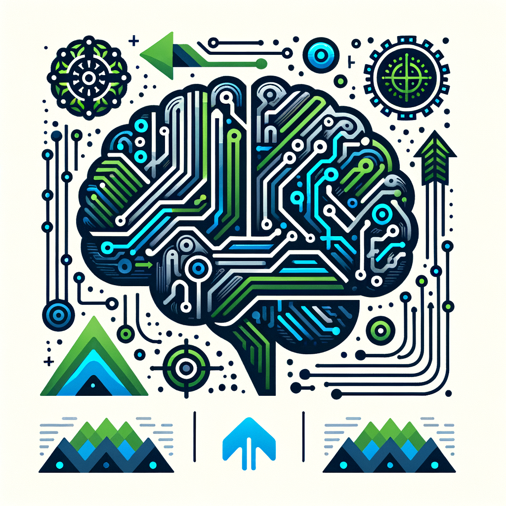 Generate a 2D, linear perspective image in a flat, corporate, and vector-based style. The background should be white and texture-less. Central to the layout, depict a stylized human brain, symbolizing artificial intelligence and learning ability. Incorporating imagery of electronic circuits, manifesting technology and computation. Fuse the logos of two un-named tech companies to represent teamwork (please do not use real logos, create a simple, non-representative green and blue emblem instead). Introduce arrows that indicate downward movement to denote model optimization. The color palette should primarily feature shades of blue and green, aligning with themes of technology and innovation.