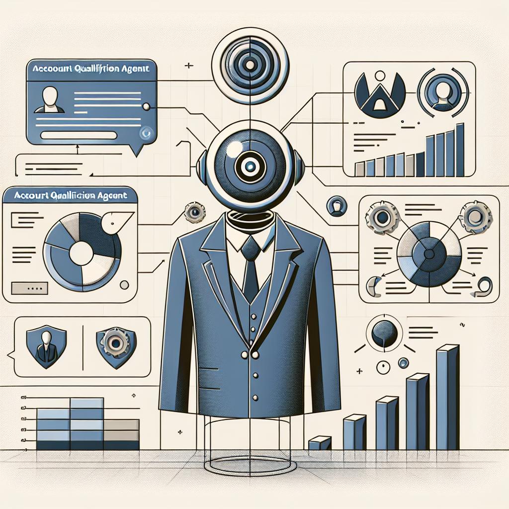 Create a 2D, vector-style, flat corporate style image on a white, textureless background. The graphic represents the concept of Unify's account qualification agents, showing how Artificial Intelligence can aid in the analysis and research of companies. The image should contain an additional virtual agent, which represents the developed search tool, graphs of data which illustrate how the information is processed and analyzed, and a user interface that demonstrates the new UX that users experience.