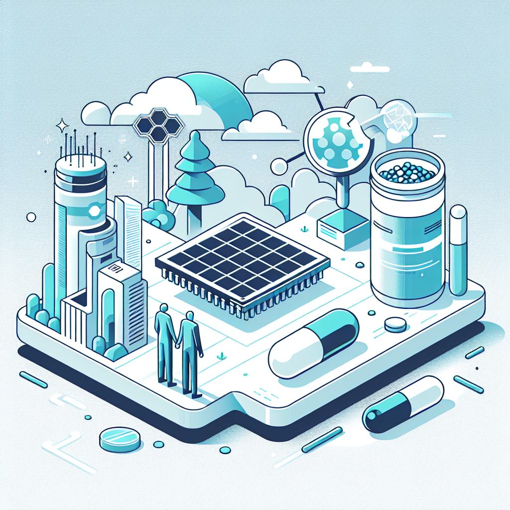 Create an image representative of emerging technologies in 2024 in the style of flat and corporate vector illustrations. The scene should be situated in a futuristic setting with a white, untextured background and should have a 2-dimensional linear perspective. Imagine thrree main icons: a chip, symbolising chiplet technology; a solar cell, representing the newest solar cell technology; and a pill, to signify advancing weight loss treatments. All situated in a futuristic environment to illustrate a world of tech-laden progress.