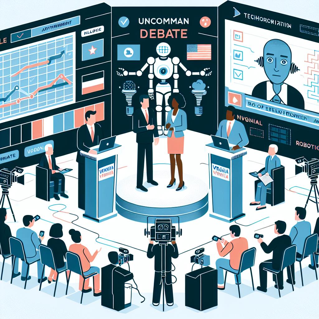 Visualize an uncommon debate taking place in Virginia where two independent candidates argue against an artificial intelligence version of a generic politician, highlighting the role of technology in elections and dealing with technical issues during the broadcast. The scene is set in a flat, vector corporate style and presented in a 2D linear perspective against a white and texture-less backdrop. Some elements to include are: 1) Illustrated representations of the two independent Middle-Eastern Male and Black Female candidates; 2) Robotic icon - a illustration of the AI that represented the politician; 3) Screen recording capture - depicting the event being broadcasted online; and 4) Virtual audience members - illustrating the low public engagement.