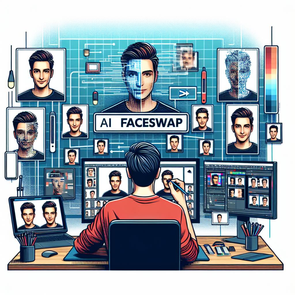 Create an image concept that showcases the 'AI FaceSwap' tool, an offline face-swapping application based on artificial intelligence, released on February 12, 2025. Picture it in a flat and corporate vector style, set against a white and textureless background. Capture a 2D, linear perspective of a digital creator focused on his editing station, surrounded by screens. The screens should display various faces being swapped to illustrate the software's functionality. Set the scene in a modern work environment to highlight the innovation and practicality of image editing. Employ vibrant colors to captivate the attention and reflect the creativity of digital creators.