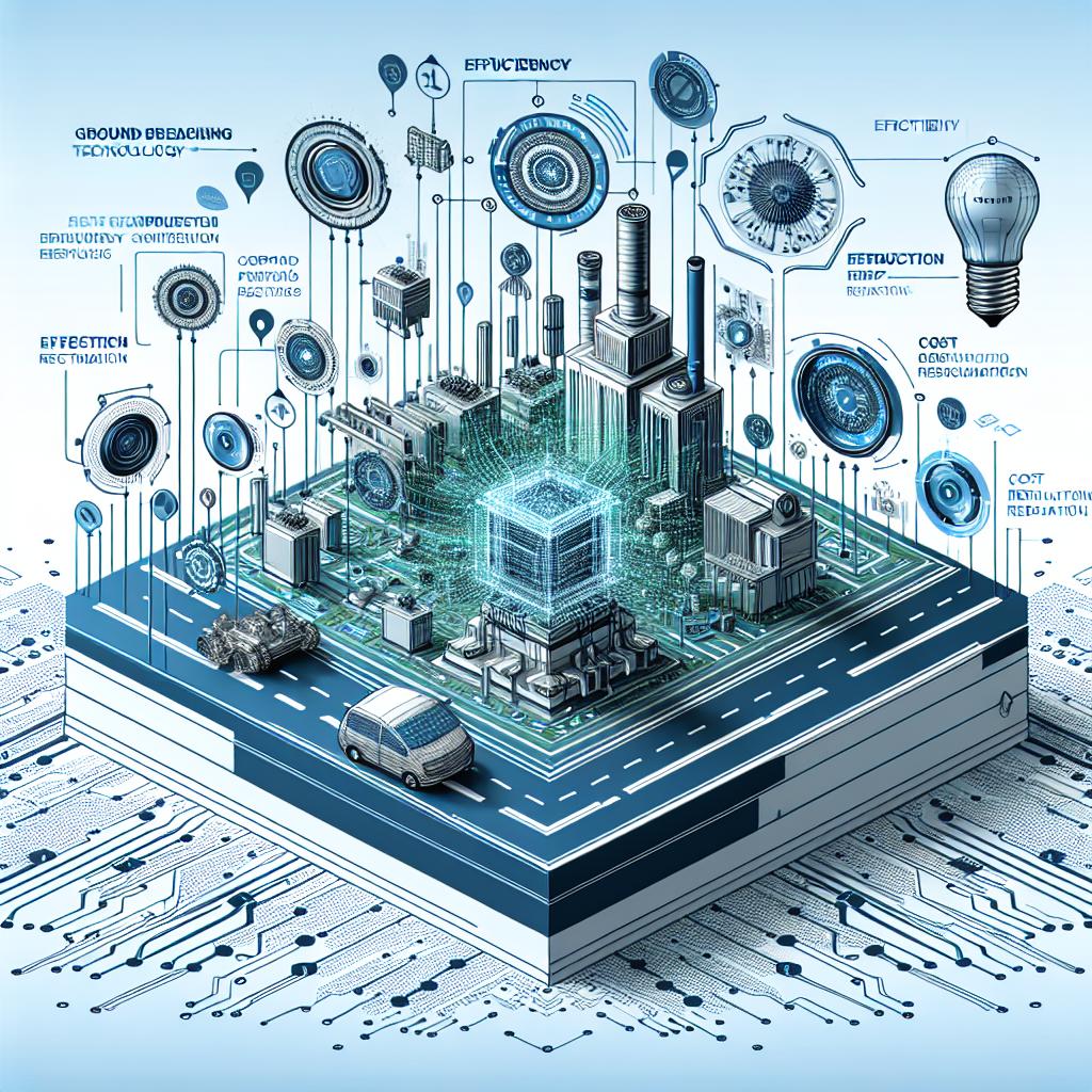 Create a 2D, linear perspective image with a vectorial and corporate style. Use a plain, white background. The central theme of the image is the ground-breaking technology by Omnitron Sensors in the production of sensors for autonomous vehicles. The image should emphasize on the efficiency and cost reduction aspects. Incorporate futuristic background elements to represent technology and innovation. Include graphic elements of circuits to symbolize electronics and technology. The colour scheme should primarily be blue and green, indicating modernity and technology.