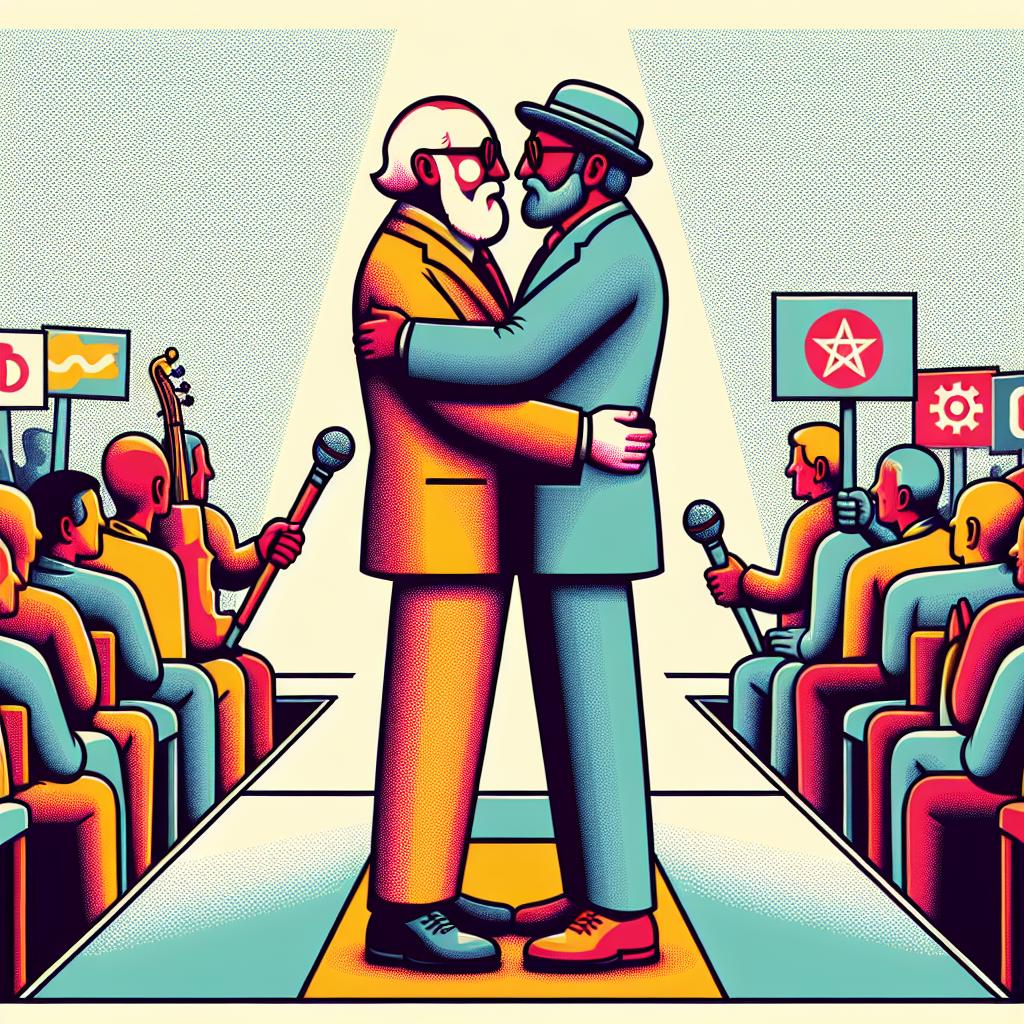 Create a 2D, vector-styled image in a flat, corporate style. Use a plain, white, texture-less background. The image should depict two adult figures, one aged approximately in their mid-60s, and another in their late 80s, standing together in an embrace, symbolizing a controversy between art and religion. They are neither public figures nor religious figures. Use vibrant colors to emphasize the controversial nature of the scene. Also, include depictions of audience reactions at the edges of the image to suggest polarized public opinion. Carefully incorporate subtle religious symbols to signify a connection to Christianity. Remember, the image needs to capture the essence of a gentle confrontation between two different societal roles: 'Popstar' and 'Religious Leader'.