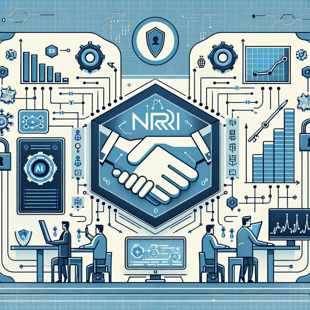 Create an image illustrating the partnership between Cohere and the Nomura Research Institute (NRI) launching the NRI Financial AI Platform geared towards financial institutions. This release is set to happen in the first half of 2025. The image should represent a collaboration between two technology companies set against a background imbued with the notions of innovation and safety. The main elements should be financial graphs to symbolize the area of operation of the new platform, electronic circuits to represent AI technology, and lock icons to emphasize data security. All designed in a vectorial, flat and corporate style on a plain white background. The perspective should be 2D, linear with an additional use of the color tones of blue and green to evoke a sense of trust and tranquility.