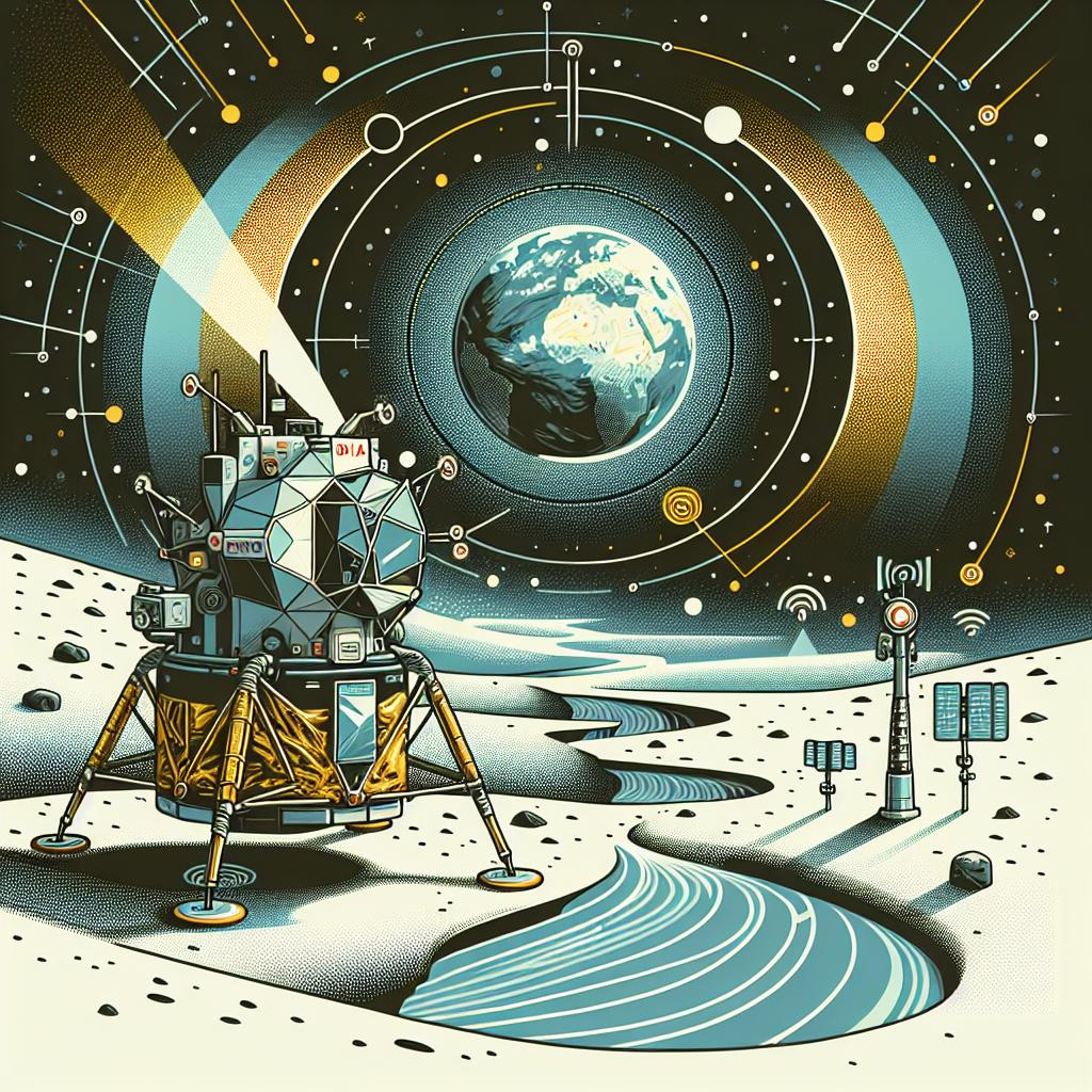 A 2D, flat, and linear style vector illustration representing a moment of major advancement in space technology. The image portrays Nova-C, the lunar module by Intuitive Machines, in descent towards the challenging environment of the moon's surface. The Earth is also depicted in the distance, symbolising the connection between it and the moon. The colors predominantly used should be cool with touches of yellow, invoking the cold of space and the technology being employed. Over the lunar module, overlaid signs of cellular signal represent the communications in space. The entire scene is set against a white and textureless background.