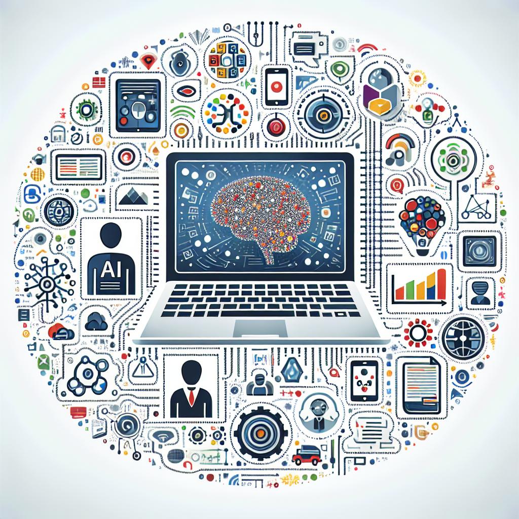 Create an image in a vector, flat, and corporate style that visualizes a report on the recent advances in open-source artificial intelligence models. In the foreground, depict a laptop surrounded by colorful icons of various AI tools. The icons can symbolize the innovations discussed in the report such as image generation and language processing tools. The laptop must symbolize the accessibility and usability of these technologies. The white and textureless background should hint at the advancement and modernity of AI solutions. Sprinkle in a few human actions interacting with the technology to emphasize the relationship between humans and AI. The overall perspective should be 2D and linear.