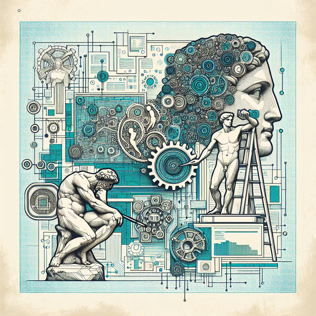 Create a detailed 2D, linear, corporate-style vector illustration on a textureless white background. The image should depict abstract elements symbolising artificial intelligence and reasoning, such as gears and circuits against the backdrop. Include a figurative representation of a sculptor meticulously working on a masterpiece, symbolising the Michelangelo benchmark. The sculptor is a nod to the continuous evaluation and refinement of Large Language Models (LLMs). Make sure to use hues of blues and greens, conveying a sense of technology and innovation. This composition aims to encapsulate the unveiling of Michelangelo and the limitations of LLMs that it reveals.