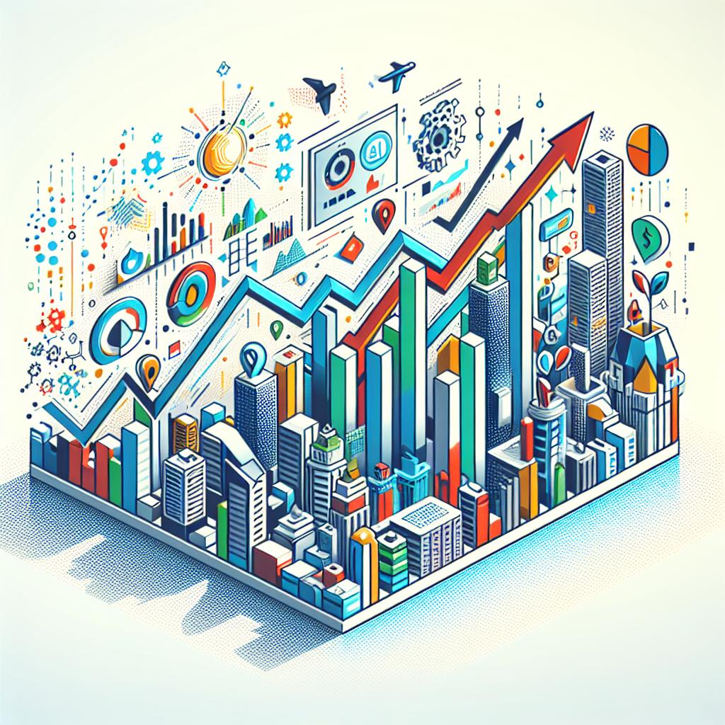 Create a vibrant, corporate-style vector art image on a white, textureless background. The image should depict a 2D, linear perspective view. The main focus should be a dynamically rising chart, symbolizing the growth and innovation in AI models of SandboxAQ. In the background, insert visual elements indicative of the health, energy, and finance sectors, representing the wide-ranging applications of large-scale quantitative models (LQMs). The style should be similar to flat corporate infographics.