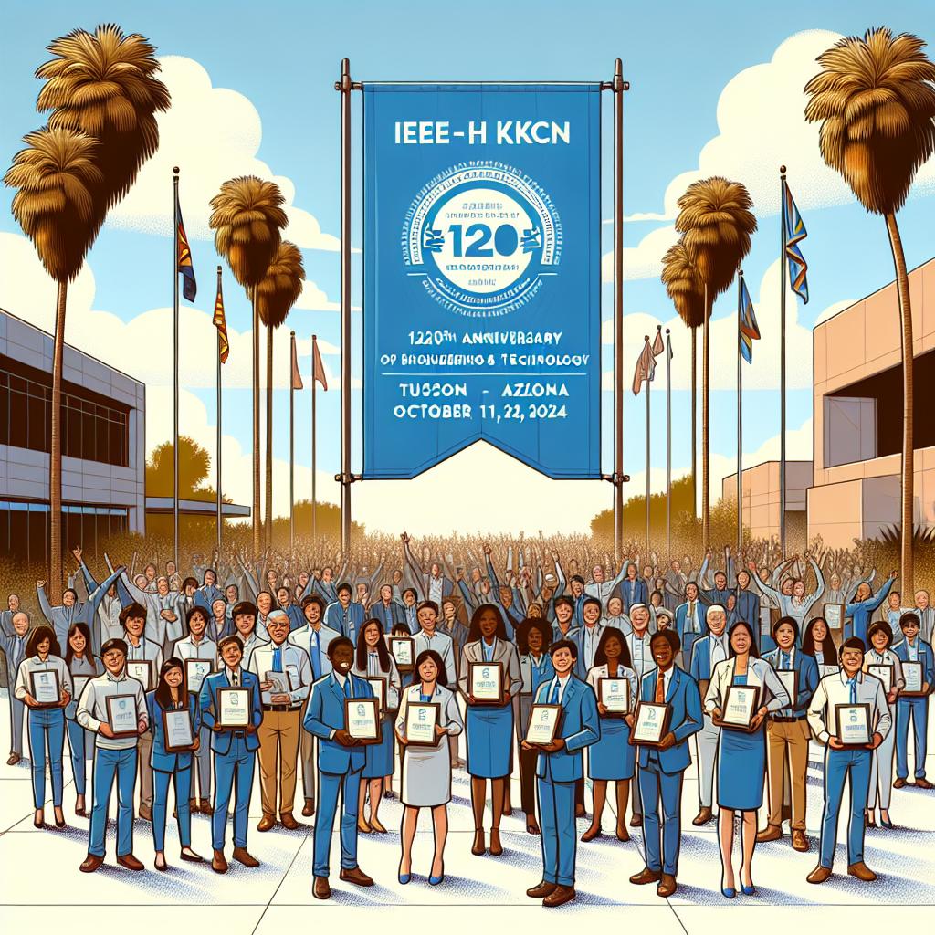 An outdoor event celebrating the 120th anniversary of IEEE-HKN, an honor society dedicated to engineering and technology students, held from October 11 to 28, 2024, involving participants from around the globe. The scene, depicted in a 2D, linear, corporate, vector style on an un textured white background, shows diverse participants, both men and women from different descents like Caucasian, Hispanic, Black, Middle Eastern, South Asian, and White, happily holding plaques - symbolizing the achievements of the IEEE-HKN chapters. Palm trees sit in the background, symbolizing the sunny event location in Tucson, Arizona. Dominating the scene in the background, there is a blue banner with a sign of IEEE-HKN, representing the visual identity of the organization and marking this momentous occasion.