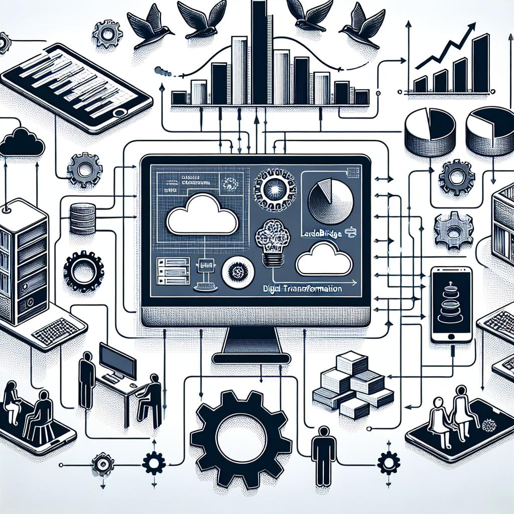 Create an image in a vector, flat, and corporate style on a blank and textureless background. The 2D, linear perspective image should depict a computer symbolizing the technology used in data migration. Show graphs that serve as indicators of data success and performance, and gears that symbolize system integration. Include a cloud symbol which represents the modern lakehouse architecture, and people of varying descents and genders, working together, symbolizing digital transformation collaboration. The main concept is that of data analysis with the BladeBridge, focusing on the migration from legacy systems to modern solutions, like Databricks SQL.