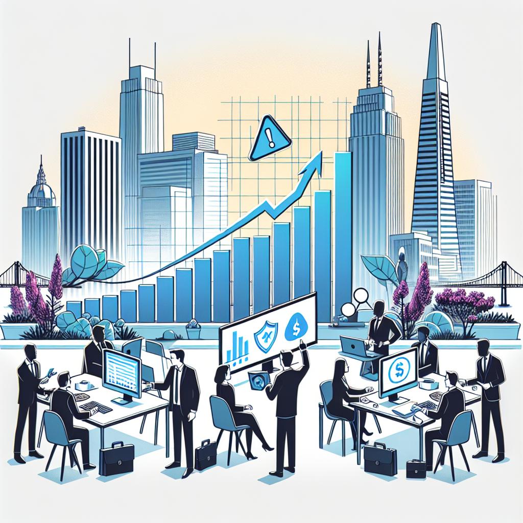 Create a 2D, vector-style, corporate image on a plain white background with no texture. It should represent fraud in startups and feature growing charts to illustrate the potential of the technological sector. Also, include alert symbols to emphasize the dangers of fraud. Set this image against a representation of urban San Francisco, the environment where these startups typically operate. Keep in mind to use a linear perspective, incorporating the simplistic and modern approach of Flat design. Please refrain from including any specific individuals.