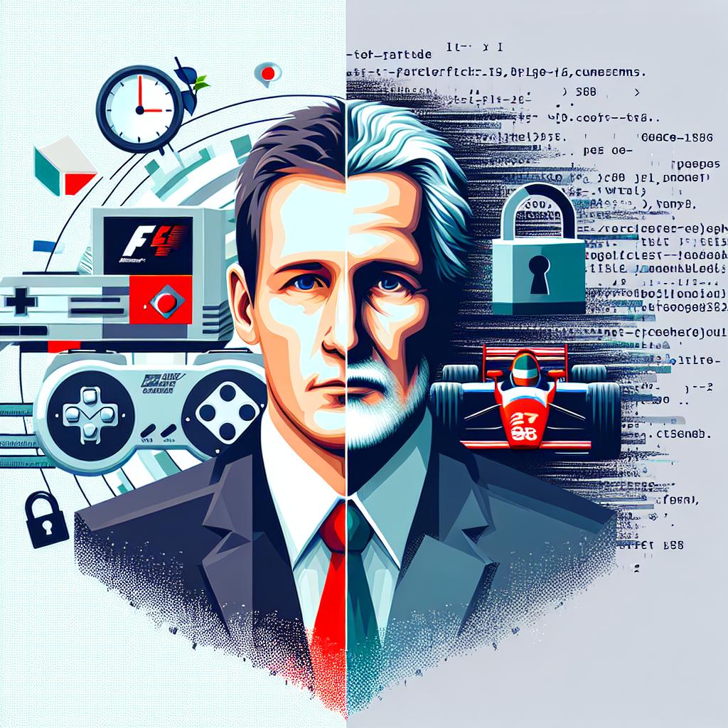 A flat, corporate style, vector 2D image on a plain white, untextured background. The art features a middle-aged, Caucasian male as the central figure, split into two worlds. On one side, representing his gaming development phase, show him with a video game console symbolizing the era of F1 98's development. On the other side, depict him in the data security industry, surrounded by programming codes. Additional elements include an icon of a padlock, representing privacy, and a hastened clock, portraying the pressure of deadlines.