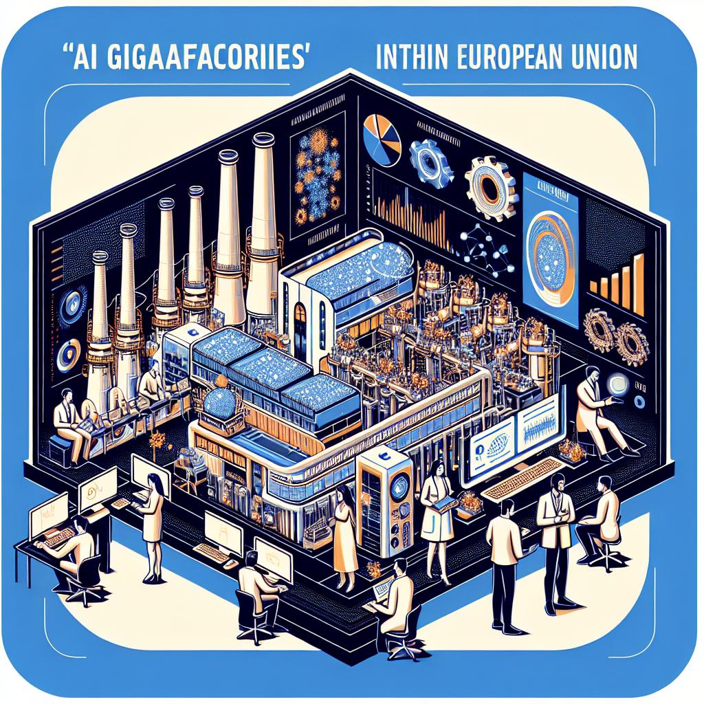 A conceptual representation of 'AI Gigafactories' within the European Union. The graphic illustration will be inspired by a modern computational facility packed with intricate machinery, symbolizing the robust infrastructure required for such immense operations. The facility is filled with diverse people exhibiting a spirit of collaboration and innovative engagement. This includes a Caucasian woman sharing her analytical results on a cutting-edge screen, a Hispanic man demonstrating complex algorithms on a digital interface, a Middle-Eastern woman brainstorming ideas with a South-Asian man, and a Black man working on a high-tech computer. Additionally, visualize data charts and graphs that seamlessly blend into the composition to symbolize extensive data analysis and AI utilization. The illustration is in a vector, flat and corporate style in 2D linear Perspective on a white, texture-less background.