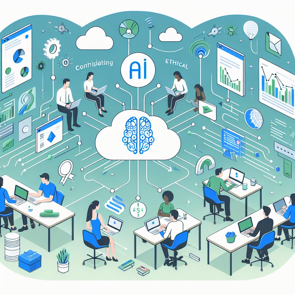 Envision an illustration featuring the interconnectedness between AI companies and developer communities, emphasizing the flow of data and the establishment of ethical partnerships. The setting is a collaborative work environment where individuals of diverse descents and genders are seen working on their laptops, contributing data symbolically. Data graphs add to the scene, symbolizing the ethical analysis of information. Breezes of blue and green shades are used to convey a sense of trust and innovation. Interlinked arrows creating a network effect emphasize the reciprocal use of data. The style is vector-based, flat, and corporate. The image background is white and textureless with a 2D, linear perspective.