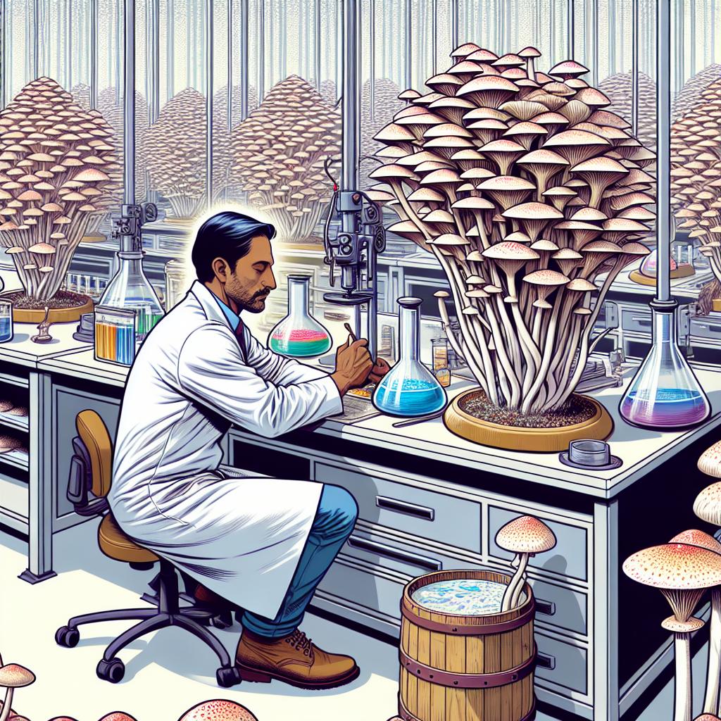 Depict a scene with a professional mycologist of South Asian descent working in a large cultivation of psilocybin mushrooms, symbolizing the advancement of psychedelic industry in medicine. The mycologist is not Scott Marshall, rather an imaginary character who resembles the mentioned professional but with distinct attributes. The setting is a scientific lab which emphasizes the controlled and research-based environment. The image is 2D, with a linear perspective, on a white, non-textured background. The style is corporate, flat and vector similar to illustrations from the late 19th-century. Key elements include mushrooms, the scientist, and the laboratory. The mushrooms symbolize the theme of the article and its importance in mental health, while the scientist represents the scientific and regulatory work involved.