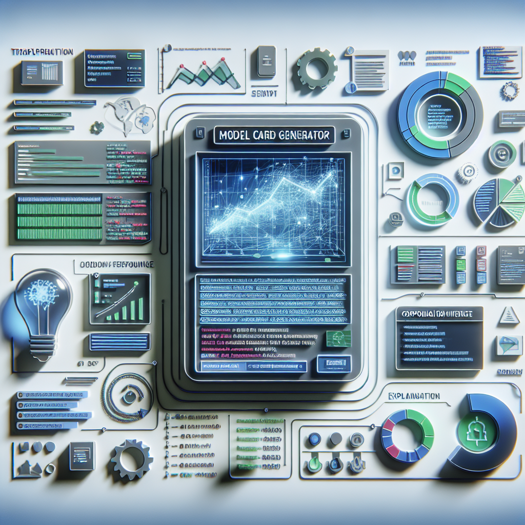 Create a detailed 2D, flat style, and Corporeal image representing an innovative tool called Model Card Generator interface released on September 27, 2024. Picture the interface includes various aspects of software with graphs and data related to a machine learning model. The background should be technological featuring coding elements and data on a white and non-textured surface. Include additional elements like graphs showcasing the model performance, software interface hinting towards the usability of the Generator, and incorporate blue and green colors symbolizing technology and innovation. Add transparency icons to stress the importance of clarity and explanatory text providing context about the usage of Model Card.