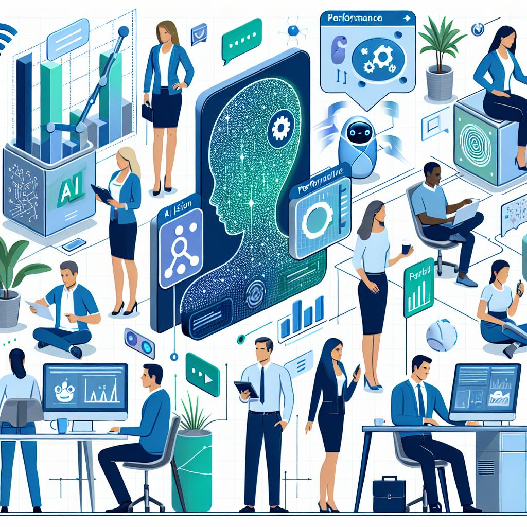 Illustration of various Microsoft AI agents operating in a modern corporate environment. The scene includes a diverse team of employees interacting with AI agents, who assist with tasks such as project management and customer support. The agents are represented as icons of advanced technology symbolizing innovation and digital transformation, amidst graphics of performance progress, implying efficiency and process improvements. The office environment is depicted in colors of blue and green, associated with technology and trust. The employees, composed of men and women of different descents such as Caucasian, Hispanic, and Middle Eastern, are shown interacting with devices, highlighting the accessibility and usability of the new systems. The style is vector, flat, and corporate, with a white and textureless background, viewed from a 2D, linear perspective.