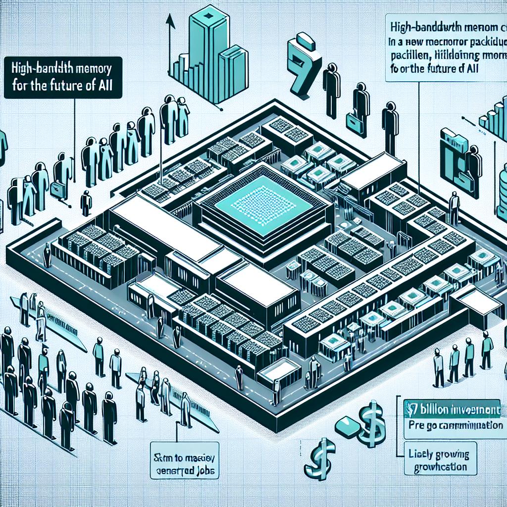 Generate a 2D, linear perspective, vector-style image fitting for a corporate setting. The base color for this creation should be white and textureless. It should vividly depict an innovative semiconductor facility, highlighting the importance of High-Bandwidth Memory (HBM) for the future of AI. Include iconographic memory chips signifying cutting-edge technology. Display workers actively participating in the facility's operation, symbolizing newly generated jobs. Lastly, incorporate growth charts to illustrate market expansion. The whole scenario should communicate a significant $7 billion investment in a new HBM packaging facility in Singapore, with projections for commencement next year and massive expansion by 2027.