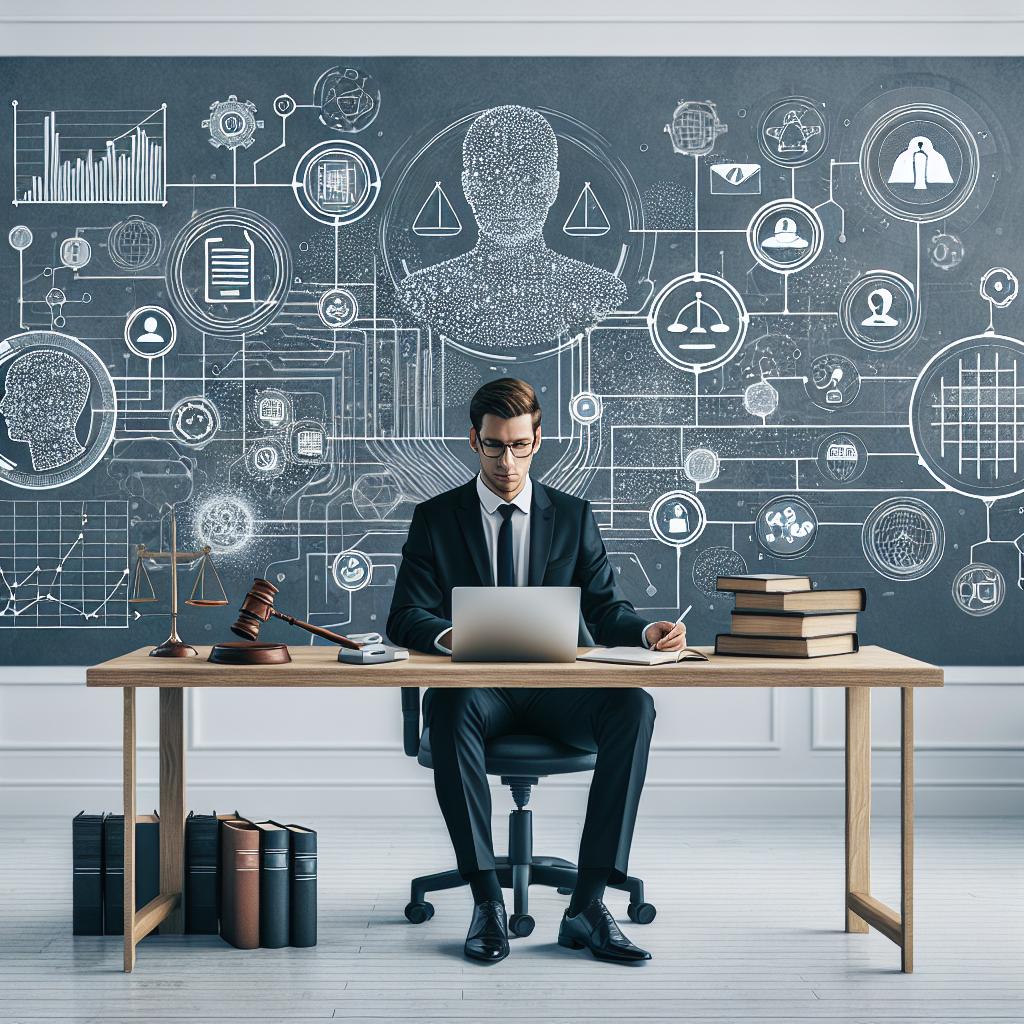 Picture an office scene in a flat, 2D, and corporate style. Centrally, there is a Caucasian male lawyer sitting at a modern office desk, working on a laptop. Around him, data graphics float, symbolizing the analysis and management of legal information. In addition to these, different technology icons, reflecting the integration of artificial intelligence into the office's operations, are scattered around. On a chalkboard in the background, various legal equations are scribbled, underscoring the legal focus of the scene. A classic symbol of justice, a set of scales, is also present, illustrating the balance between technology and ethics in the realm of law. The entire scene is set against a plain, white, and textureless backdrop, reinforcing the clean and corporate atmosphere.