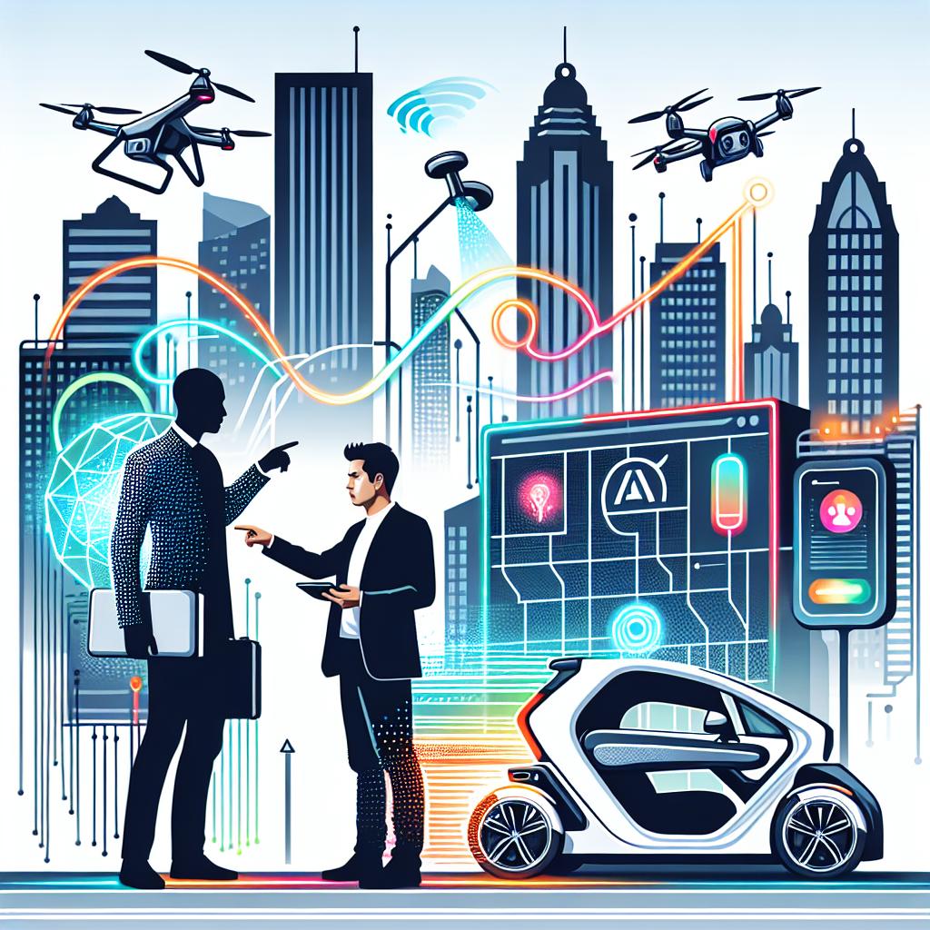 A flat, corporate-style, 2D linear perspective image featuring a South Asian man interacting with an electric vehicle equipped with an AI interface. The vehicle is symbolizing the new era of mobility and the digital interface exemplifies smart interaction with AI. The man stands on a backdrop of a modern city with high rise buildings, flying drones and lit billboards, emphasizing an innovative environment. The city should be intricate but not overwhelming so as to keep focus on the main subject. The image has vibrant color elements that highlight the energy and innovation of technology, contrasting with its textureless white background.