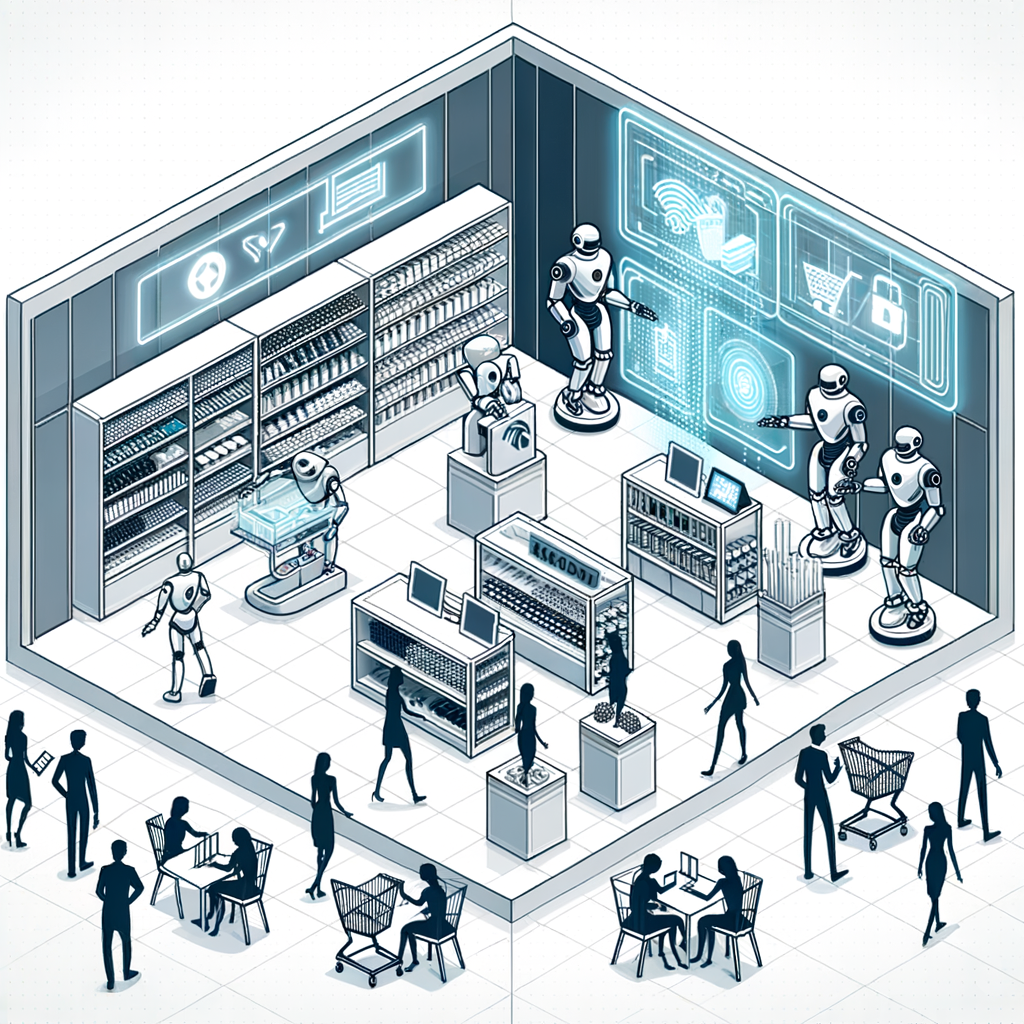 Depict a futuristic retail store environment in a vectorial, flat, and corporate style on a plain white backdrop. The view is a two-dimensional, linear perspective. One section of the store showcases robots fulfilling retail operations, symbolizing automation. Another section features consumers interacting with augmented reality screens, illustrating the integration of AR in stores. Also depict a few consumers engaging with virtual assistant devices, indicating the use of artificial intelligence to enhance customer experience. The overall ambience of the futuristic store should reflect the modernization in the retail sector.