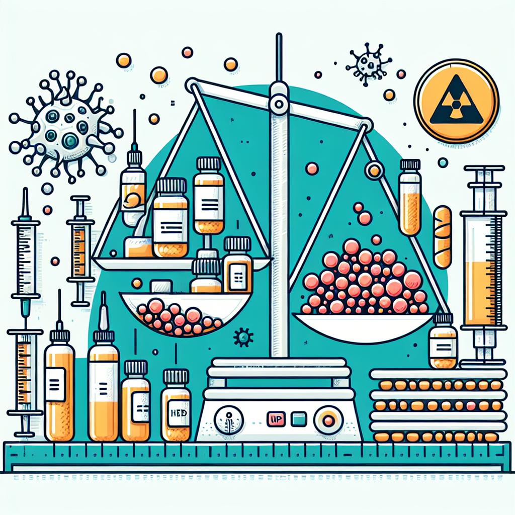 Generate a 2D, linear perspective vector illustration in a corporate flat design style. The background should be white, without texture. This image should creatively represent exosomes in a clinical setting, encapsulating the hope and risks associated with unverified therapies. Include visually represented cells, symbolizing the origin of exosomes; treatment bottles, symbolizing the products available on the market; a warning sign, emphasizing the need for caution; and a scale, representing the balance between risks and benefits.