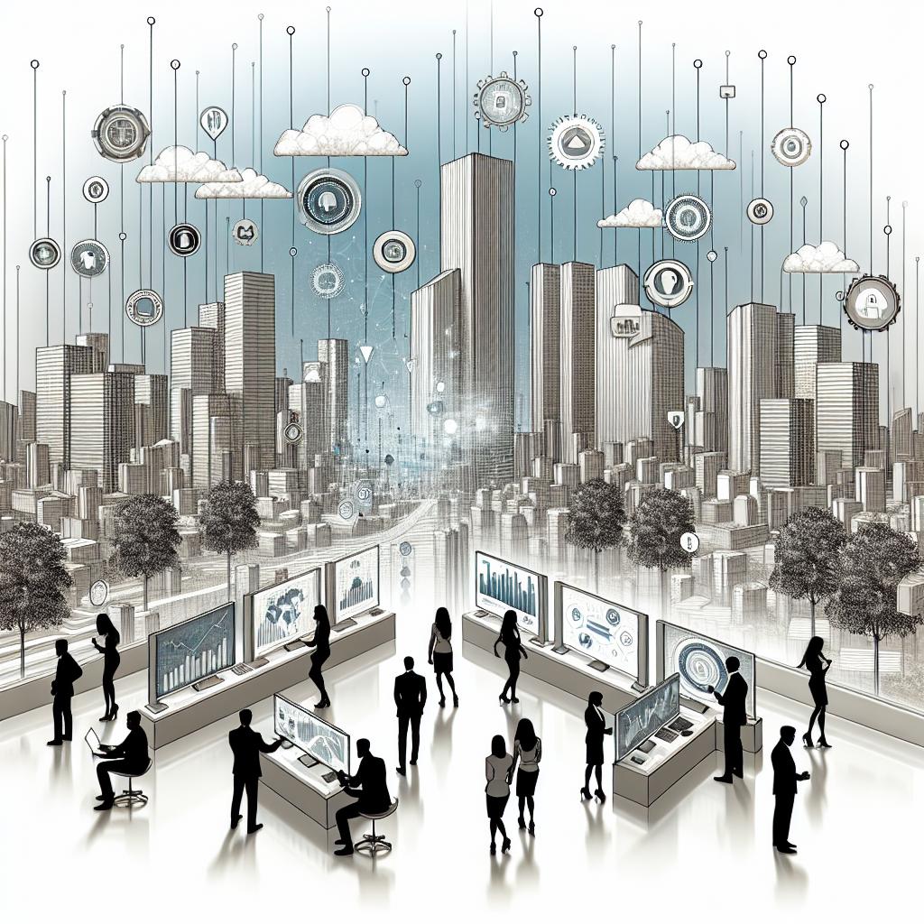 Imagine a contemporary cityscape symbolizing innovation and technological advancement as the backdrop. In the forefront, visualize a diverse group of salespeople, including Caucasian, Hispanic, Black, Middle-Eastern, and South Asian individuals of both genders, working diligently. They are interfacing with state-of-the-art AI technology, represented by digital devices and subtle cues like holographic displays. Focus on a flat, vector, and corporate aesthetic throughout the image. Incorporating tech-building motifs would further resonate with the environment of innovation. The scene plays out in a 2D, linear perspective against a plain, texture-less white backdrop. Include subtle elements like sales metrics and data, further reinforcing the focus on technological AI and sales.