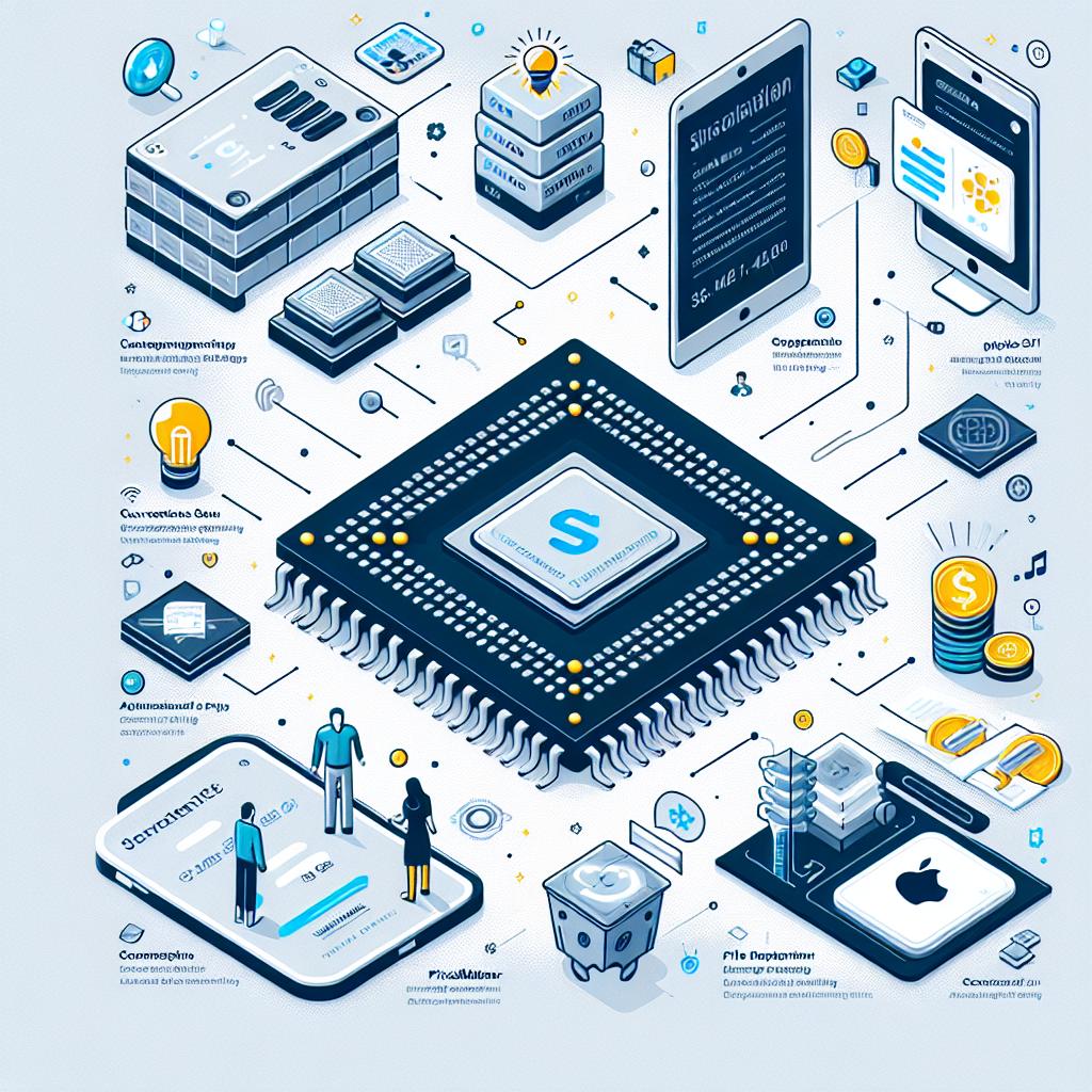 Create a 2D, corporate, vector-style illustration on a white, untextured background. This flat design should symbolize recent innovations in artificial intelligence (AI) and semiconductor technology. Central to the image are representations of four key events: the release of the world's thinnest silicon wafer by Infineon, updates from Conversica's AI agents, Apple's acquisition of Pixelmator, and a significant investment in startup Sierra. Visualize the silicon wafer to represent energy efficiency innovation, digital interactions to symbolize improvements in customer services, an un-branded apple logo to highlight the Pixelmator acquisition, and currency symbols to signal the increased investment in AI.