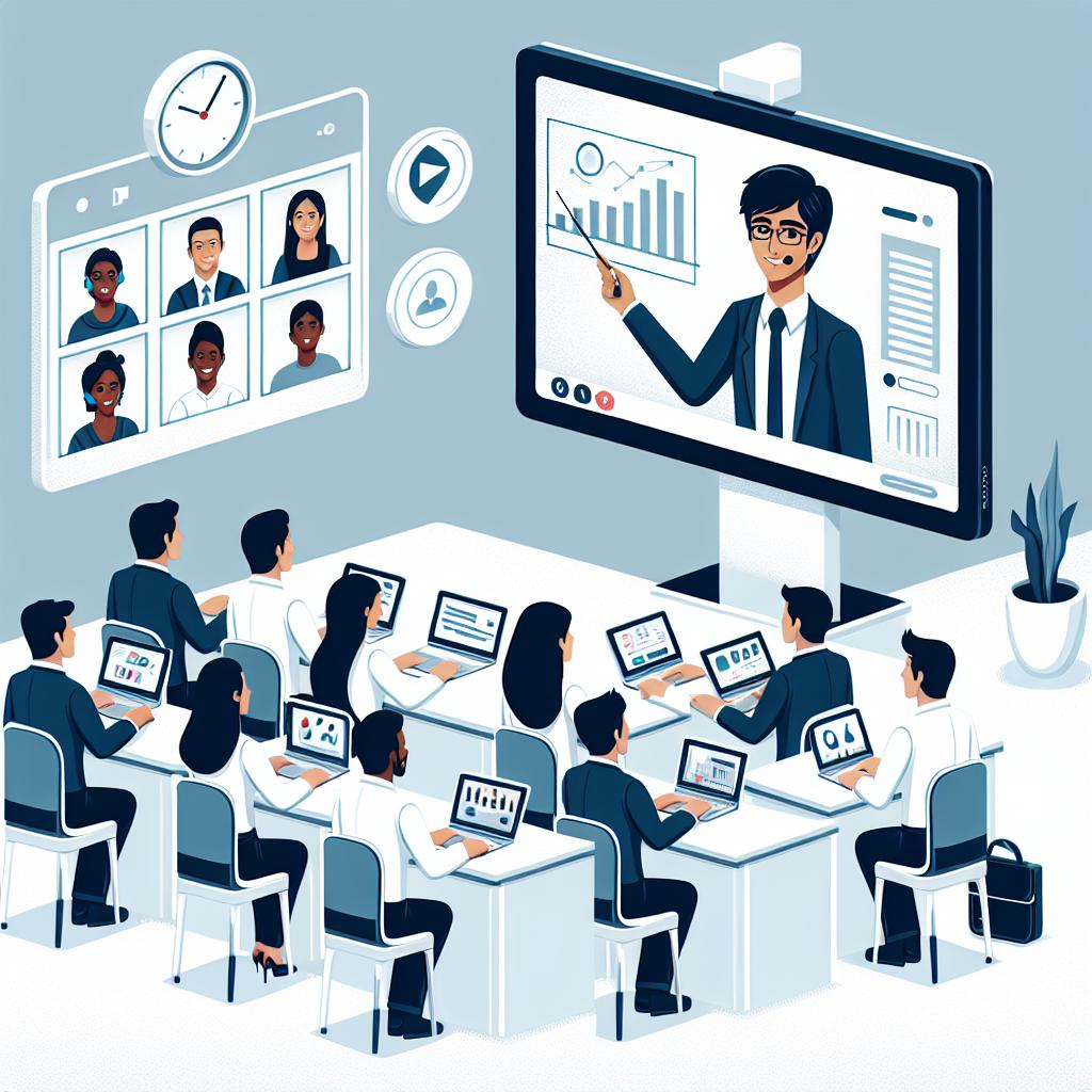 Depict a 2D vector-style image set in a corporate theme, with a white and texture-less background. The scene should show an instructor of South Asian descent in front of a computer screen, teaching a virtual class via video conference. This computer screen should be detailed, featuring charts and interactions, showing the lesson being presented to the students. The students, of varying descents such as Caucasian, Black, Hispanic, and Middle-Eastern and genders, should appear on the screen, signifying the audience of the video lectures. Include elements of animation to emphasize interactivity and engagement within the class.