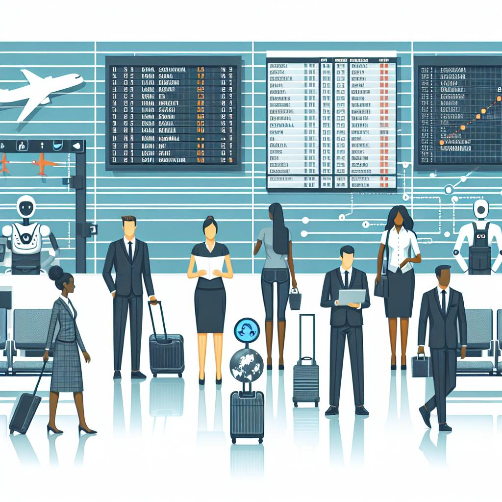 Create a 2D, flat-styled image within a corporate context. The scene takes place in a modern airport. The backdrop is plain, untextured white. In this airport, you see digital panels showing flight information. Gate agents are actively using AI technology for air traffic management. Humans of various descents and genders are present as passengers. Some of them are Caucasian, Hispanic, Black, Middle-Eastern and South Asian men and women. They emphasize the collaboration between humans and machines and symbolize the impact of these tech solutions on their travel experience. 