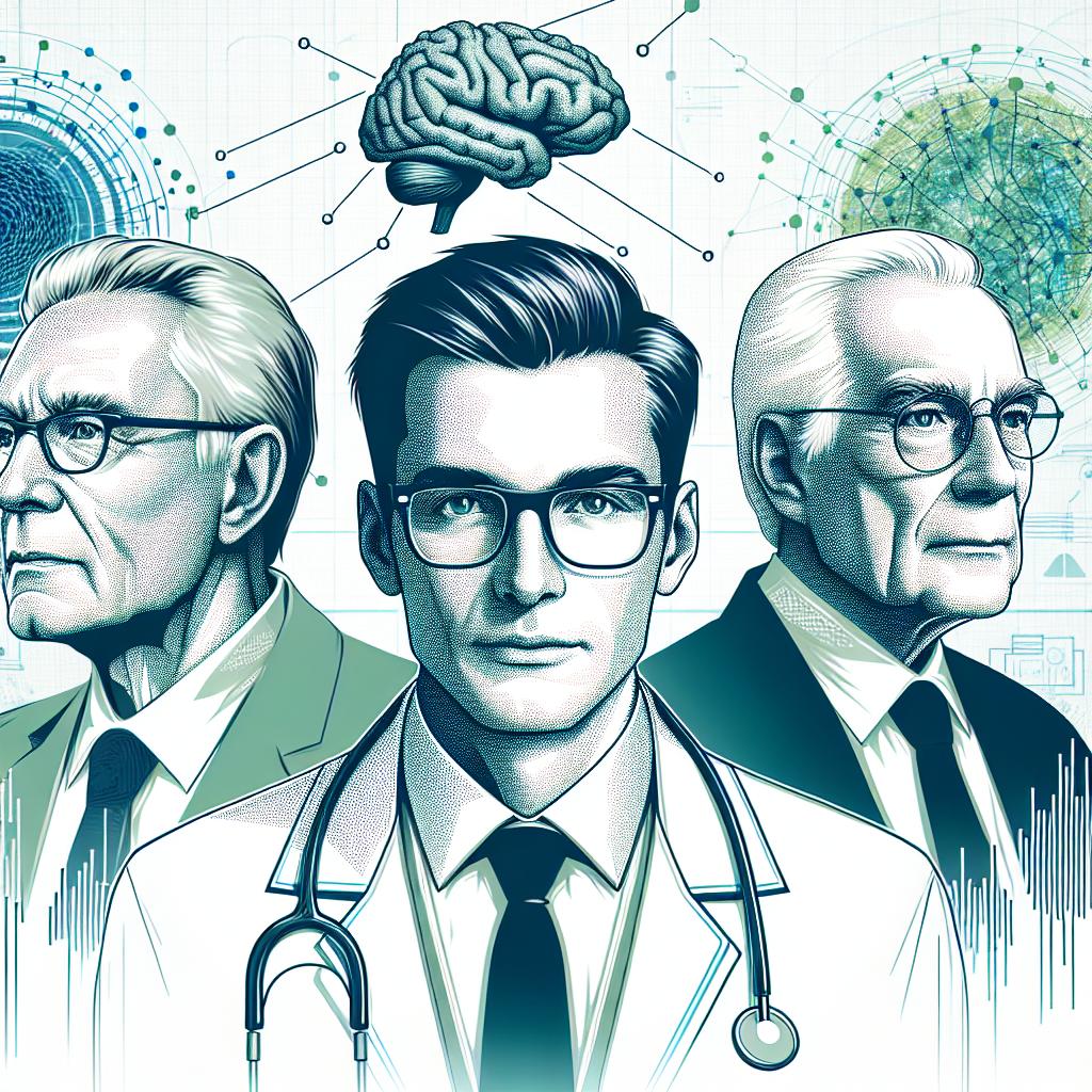 Create an image in a corporate, flat, vector-style featuring two prominent male characters. The first character is an elderly Caucasian man with gray hair and glasses, while the second character is a Caucasian man in his late seventies with white hair and dark-rimmed glasses. They signify the figures of two renowned physical scientists, known for their fundamental contributions to machine learning technologies. The background is white and textureless. The perspective is 2D and linear. In the background, include abstract graphic elements representing neural networks in blue and green colors, alluding to innovation and technology. Additionally, incorporate symbols of artificial intelligence, indicating their field of study.