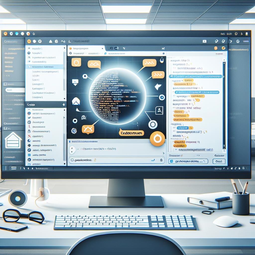 Generate an image in 2D, linear perspective with a clean, vectorial, flat, and corporate style. The scene takes place in a modern office, featuring a computer displaying the Eclipse interface. On the screen, the newly integrated Codeium Chat panel is prominently visible, being used by an anonymous developer. The design should be modern, with a white, untextured background and icons symbolizing chat features. In the chat panel, highlight part of a code - showcasing the use of Autocomplete. Also, include icons of different programming languages - symbolizing translation between these languages.