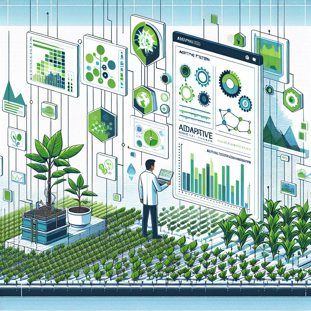 Title: Agricultural Biotechnology Innovation. The image depicts a visual representation of the AdaptiveFilters in action. The setting incorporates elements of a plantation, image processing, and data charts, infusing a sense of technology and sustainability. Presented in a Vector, Flat, and Corporate style, on a linear 2D perspective, the image presents an untextured white background. Additional elements include a healthy plantation symbolizing practical biopesticides application, a computer screen featuring processed images and charts signifying the technology employed by AdaptiveFilters, a South Asian male researcher analyzing data emphasizing the human effort behind the technology, all highlighted in green and blue colors to convey ecology and innovation.