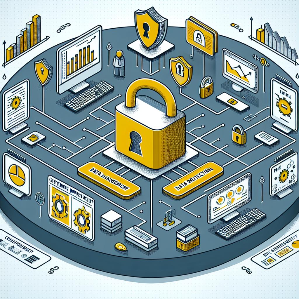 Create a graphical interface of a data management software in a corporate, flat, and vector style. This 2D, linear perspective image should be on a plain, white background. It should highlight the aspect of cybersecurity, with visual elements like padlocks and shields symbolizing data protection. Include images of computers to reflect the utilization of technology and graphical charts indicating the analysis and monitoring of security. Incorporate continuous improvement and risk-based security practices in the design.