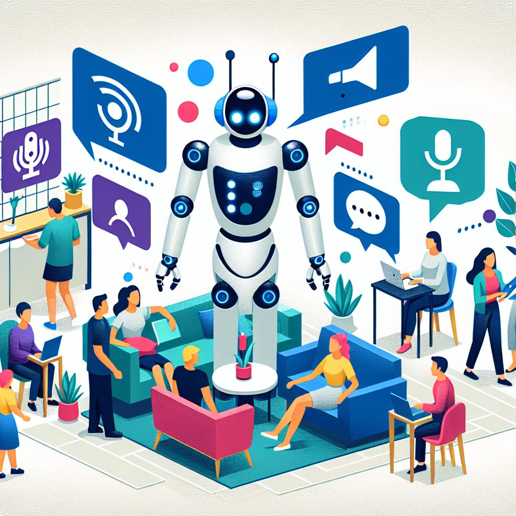 A 2D image imbued with a flat, corporate vector style, featuring an advanced robot symbolizing the new era of robotics interacting with a diverse group of people representing the human interaction and accessibility of technology. The robot is seen executing everyday tasks in a domestic environment, demonstrating practical contexts for its use. Voice command icons highlighting the operation through natural language are also visible. The futuristic tone of the scene is topical, enhanced by the vibrant use of colours conveying innovation and modernity. All of this is set against a textureless white background.