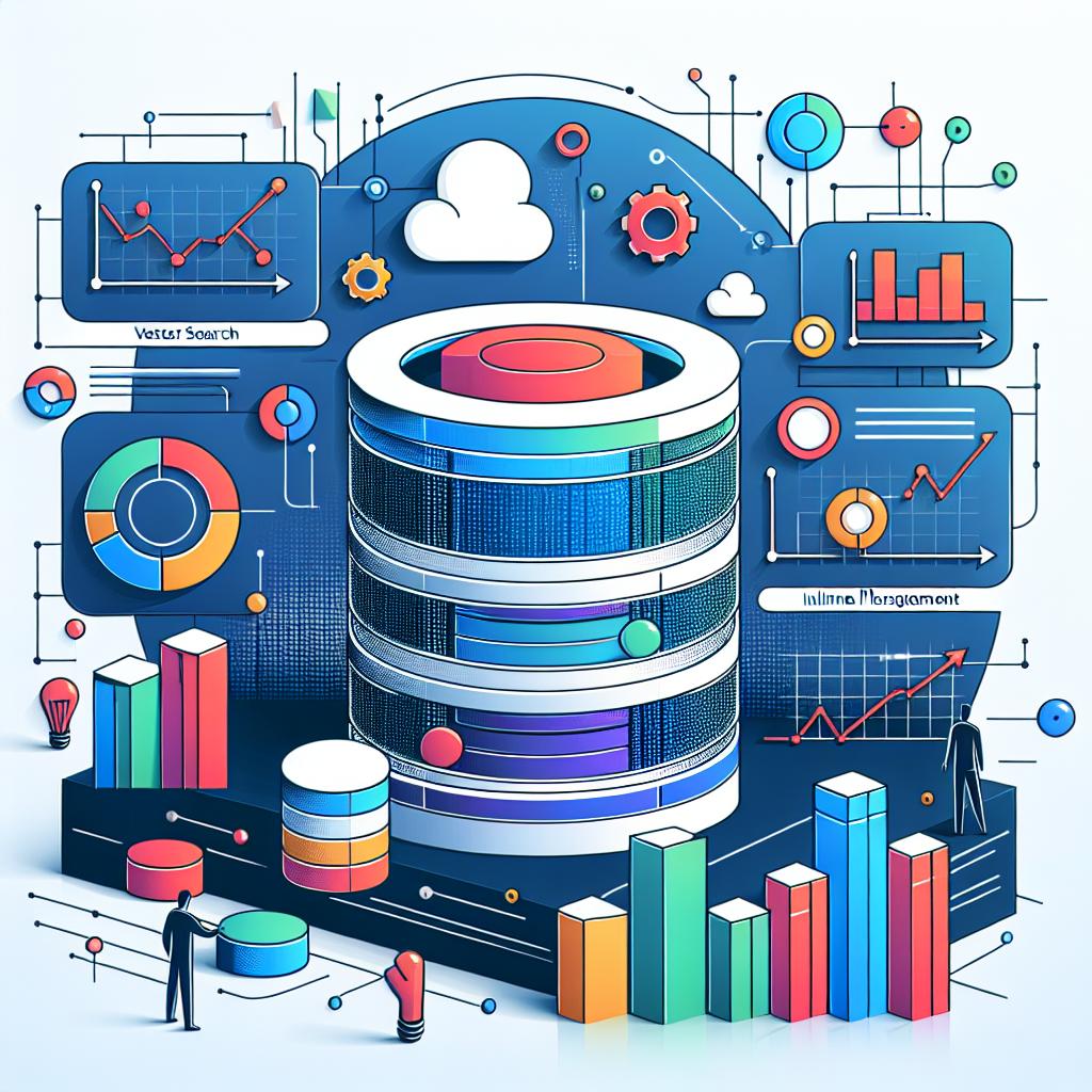 A flat, corporate, vector-style illustration in a 2D, linear perspective. The setting is on a white and untextured background. The main feature is a visual representation of AlloyDB's improvements in vector search capabilities, with charts and information about inline filtering and management tools. Accompanying the main theme are graphs demonstrating the efficiency of the new features. Additionally, technology icons are dispersed within the scene to denote the idea of innovation and modernization of the database. To grab viewers' attention and to highlight the modernity of the platform, utilize vibrant colors in the composition.