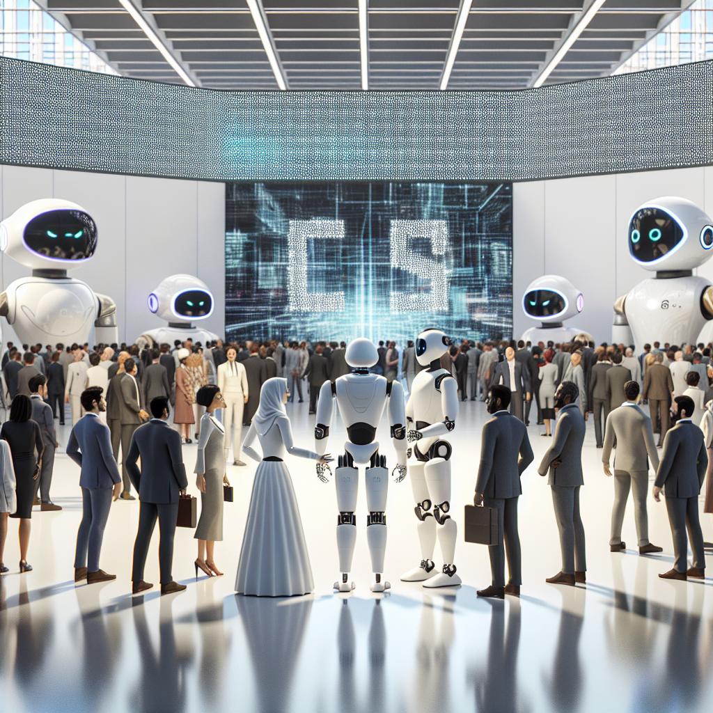 A 2D, vector style, corporate aesthetic scene at the CES 2025 in Las Vegas. Imagine a white, textureless background showcasing the interaction between humans and humanoid robots. In the center, two specific robots, Nylo by IntBot and Reachy 2 by Pollen Robotics, are demonstrating their innovative functionalities to the public. Depict a diverse mix of human onlookers, including a Middle-Eastern woman and a Black man, engaged and awestruck by the advanced technology they're witnessing, effectively representing human engagement with technology. The surroundings hint at the grandness of the event, thus encapsulating the ultimate symbol of the future of robotics.