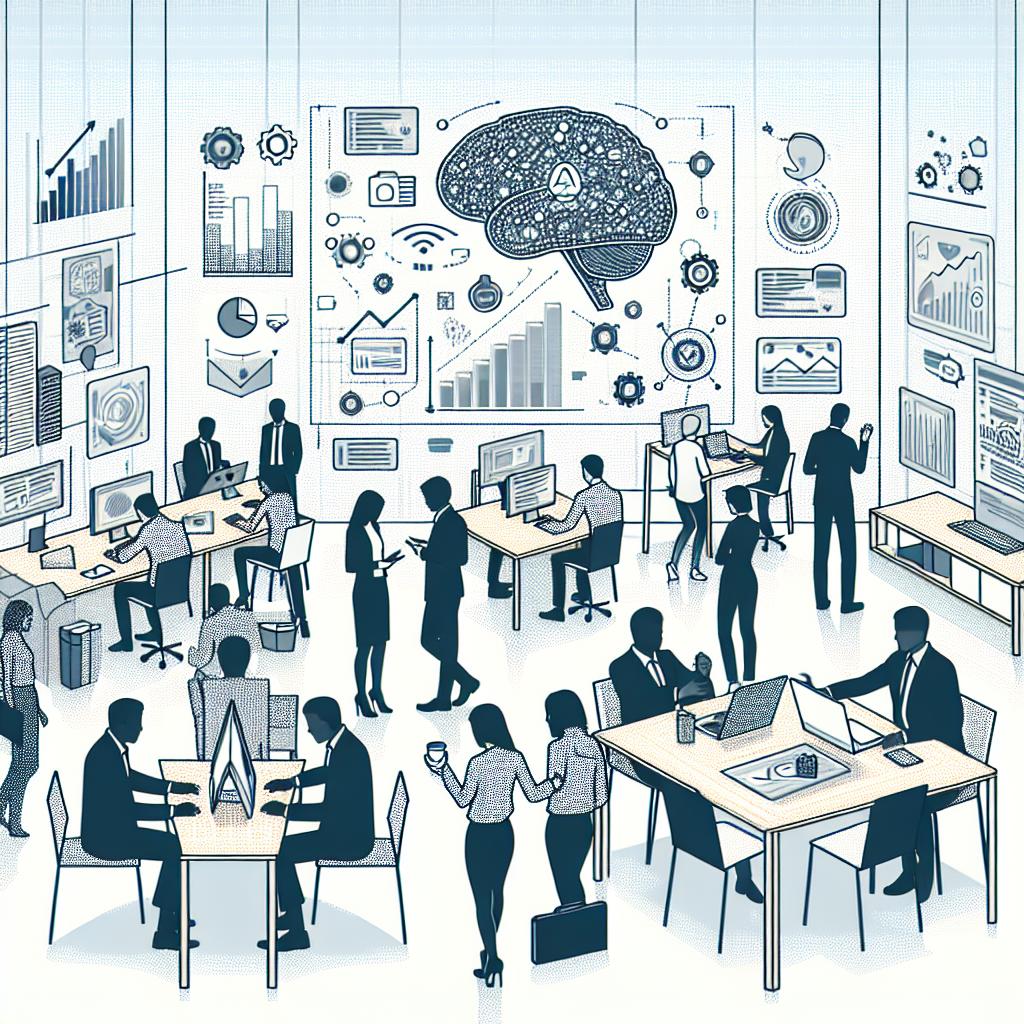 An image in a 2D, linear perspective showcasing the integration of artificial intelligence (AI) into corporate product strategies. The image should feature a diverse gathering of people in a modern work environment, who are collaborating on strategies. In this clutter-free white background, there should be signs of technological innovation such as computers and screens to symbolize the usage of technology. Graphs and data should be visible to depict analysis and decision making. The entire aesthetic should be vector-style, flat, and corporate.